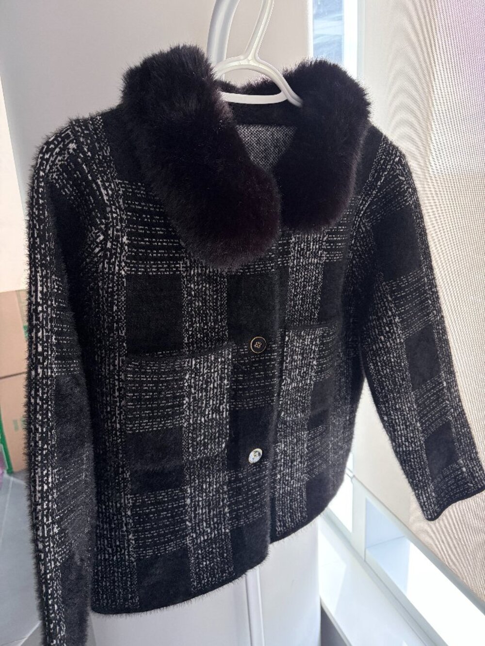 Faux Fur Collar Plaid Jacket Black Grey Tweed Button Down Coat